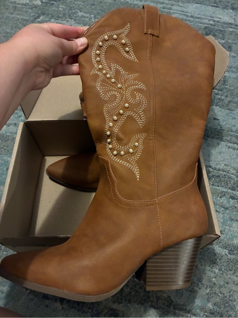 ARULA Cognac Western Stud Embellished Mid-Heel Boots
